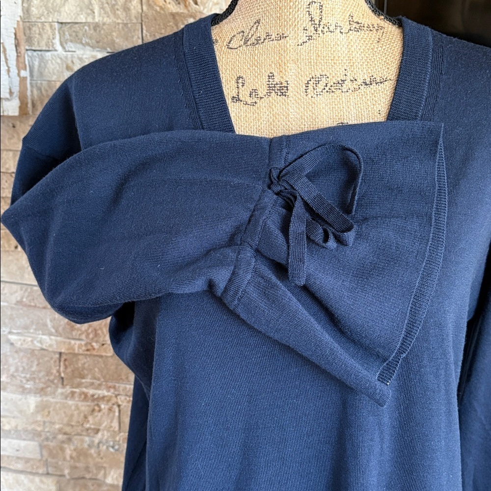 J. Crew 100% merino wool navy blue v-neckline flare sleeve hi lo sweater - Picture 5 of 16